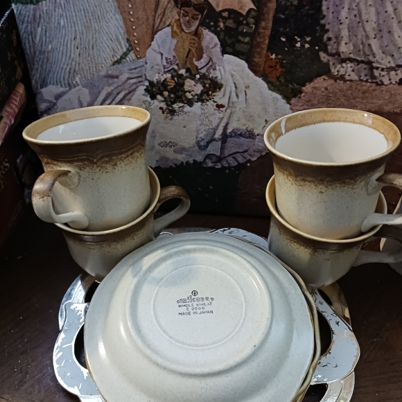 80's Mikasa WHOLE WHEAT Cream Center Brown Edge Stoneware Cups&Saucers Set 4. - Picture 9 of 16